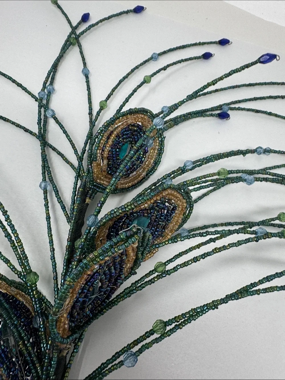 BEADED PEACOCK FEATHERS FOR A FLORAL ARRANGEMENT VASE DECOR ON STICK  RARE BOHO